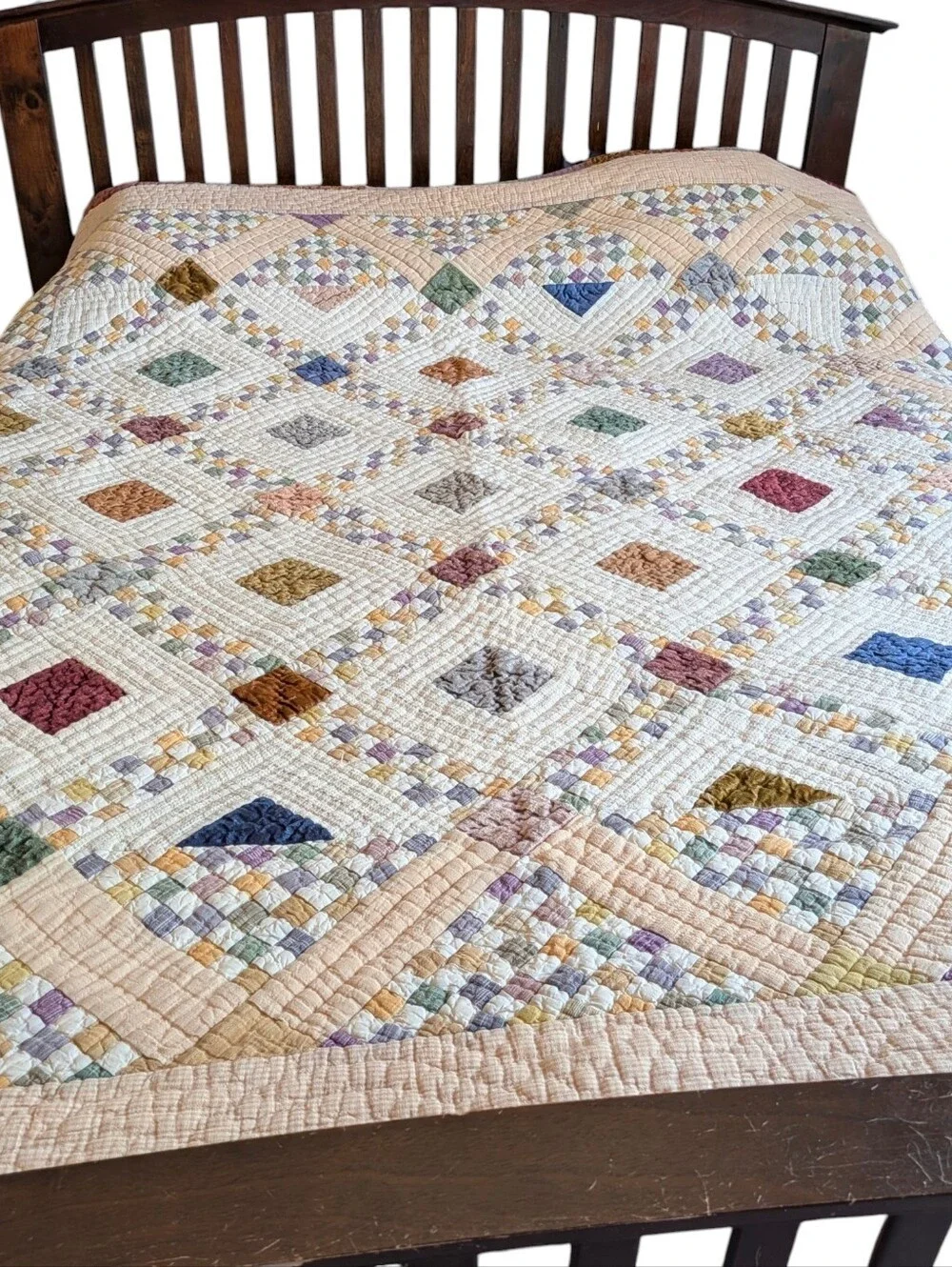 Vintage Cathedral Window Patchwork Cotton Quilt Queen Country Farmhouse Cottage